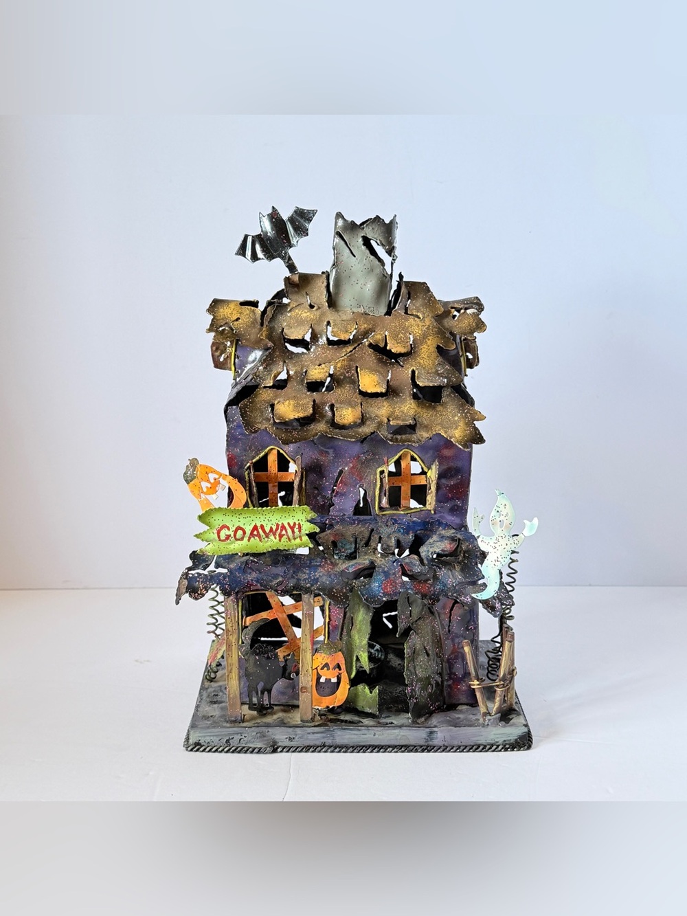 Rustic Metal Halloween Haunted House Luminary – Halloween Folk Art Decor